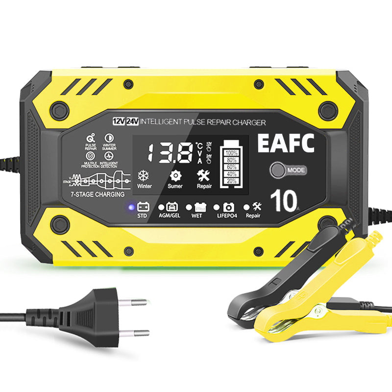 Chargeur de batterie intelligent EAFC jaune 10A 12V/24V compatible AGM GEL pour voiture et moto