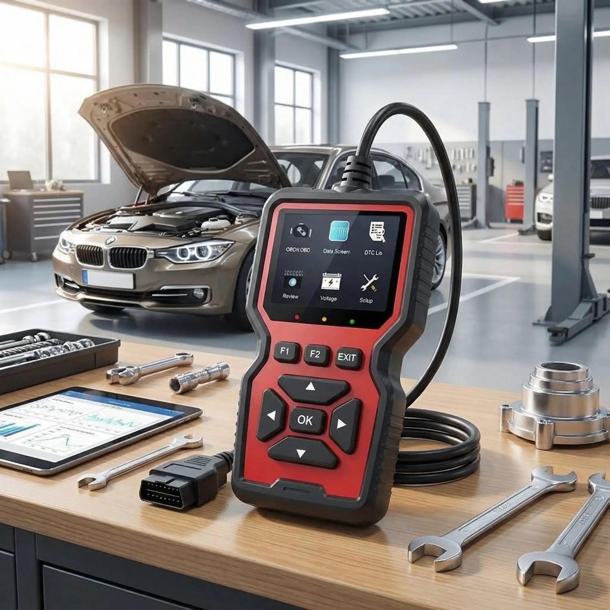 Scanner OBD2 V519 affichant les données des capteurs en temps réel sur écran – température, RPM et pression