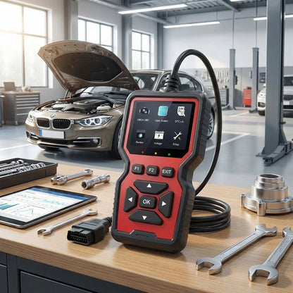 Scanner OBD2 V519 affichant les données des capteurs en temps réel sur écran – température, RPM et pression
