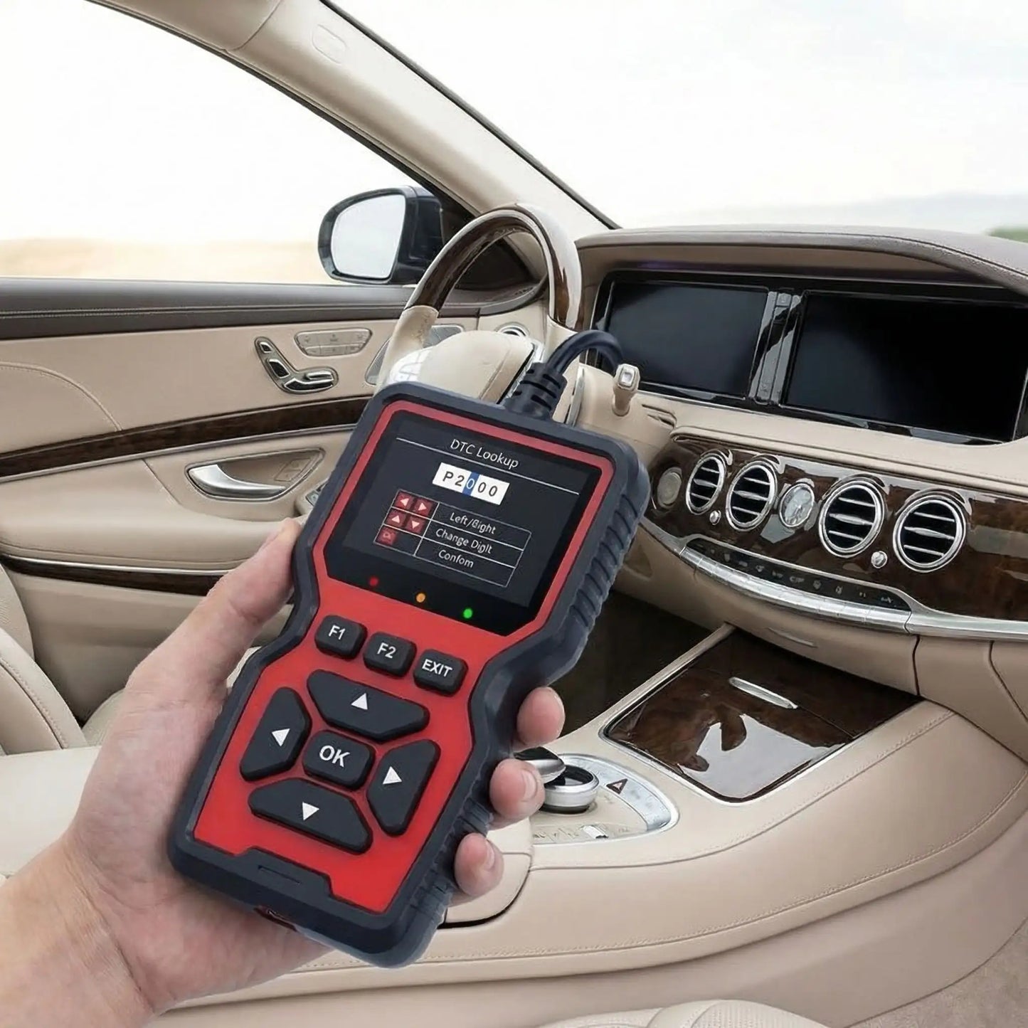 Scanner OBD2 V519 branché sur le port OBD2 d'un véhicule pour lecture des codes défaut en temps rée