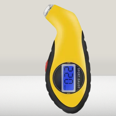 Manomètre pression pneu digital jaune 0-150 PSI – vue de face sur fond blanc