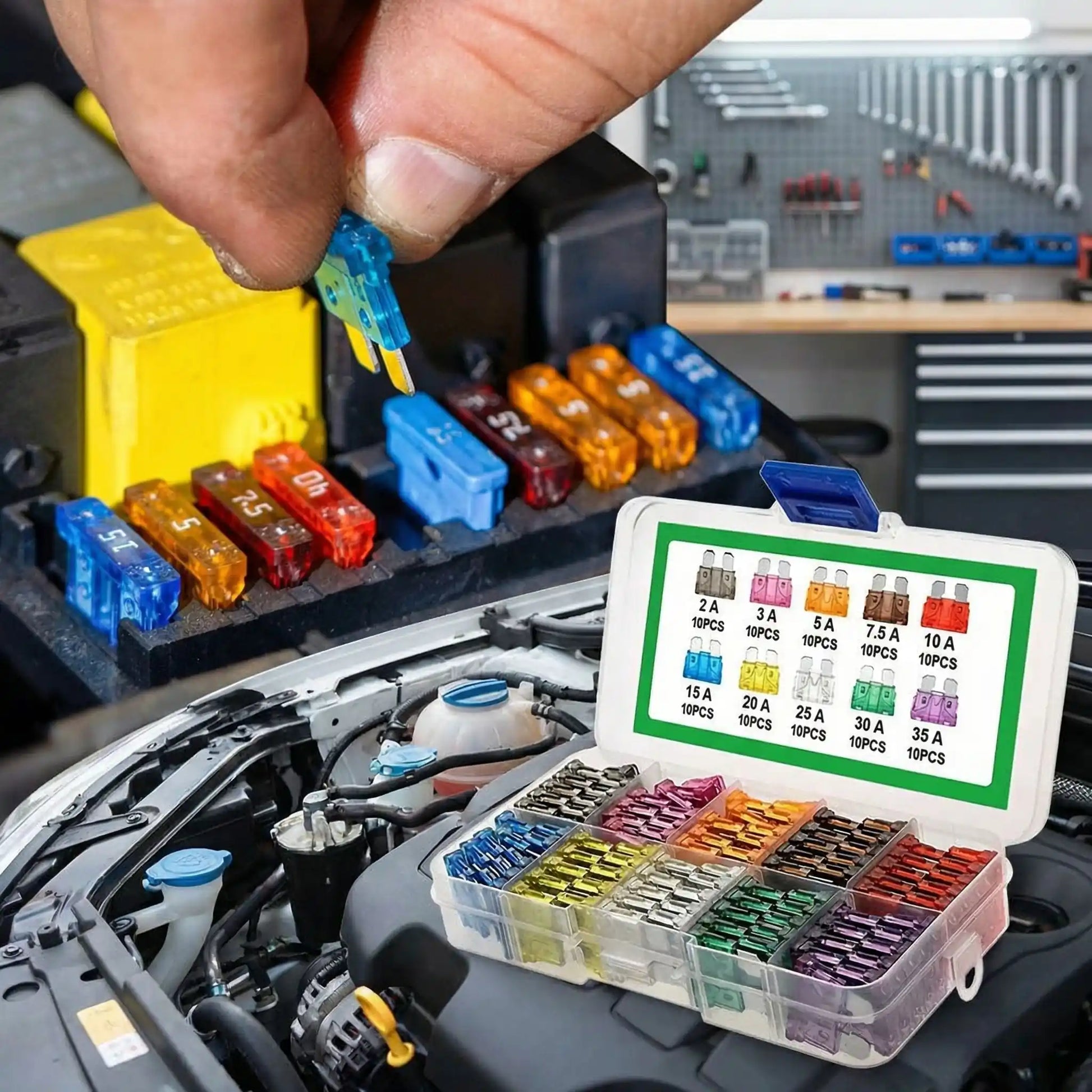 Boîtier rangement fusibles voiture kit 100 pièces 10 ampérages pour remplacement rapide en véhicule
