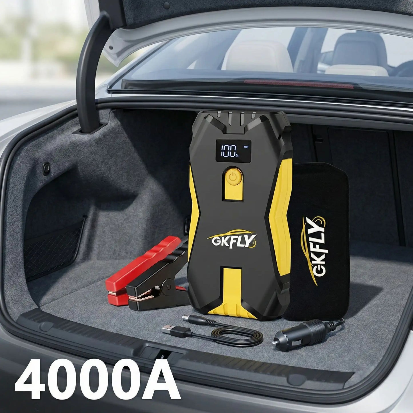 Booster batterie voiture 3000A-4000A jaune avec écran LCD  compatible essence et diesel