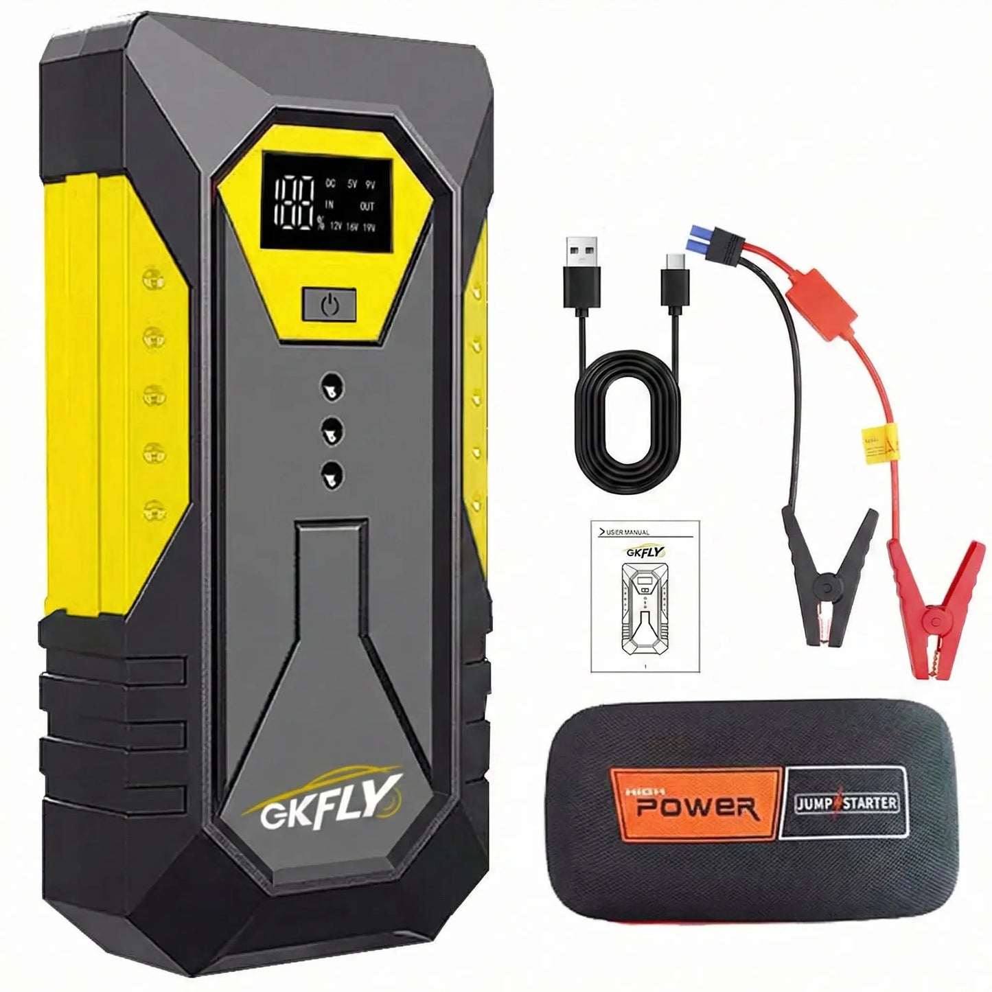 Booster batterie voiture 3000A-4000A jaune ports USB et connecteurs de démarrage