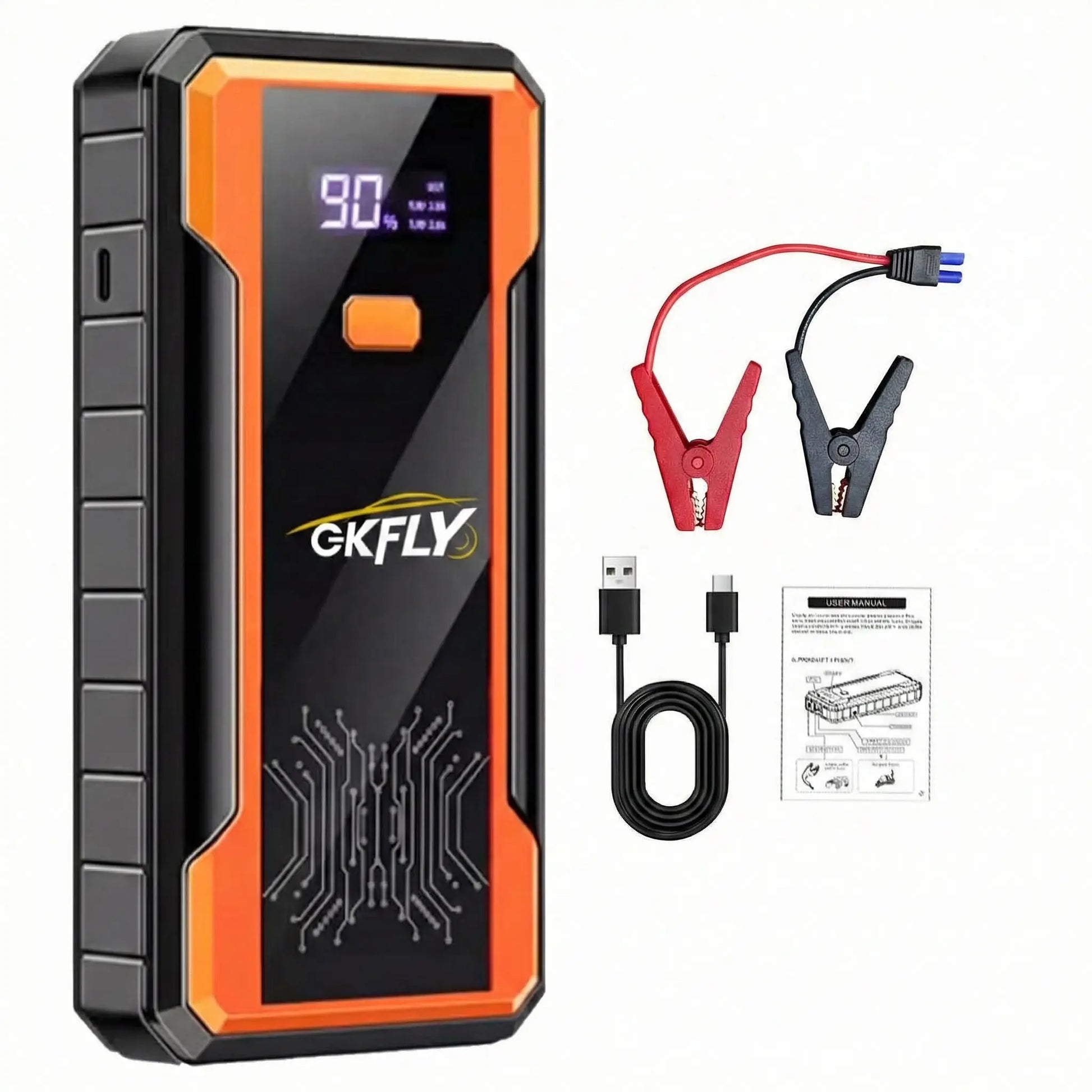 Booster batterie voiture portable orange 3000A-4000A détail connecteurs et ports USB"