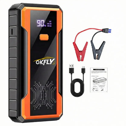 Booster batterie voiture portable orange 3000A-4000A détail connecteurs et ports USB"