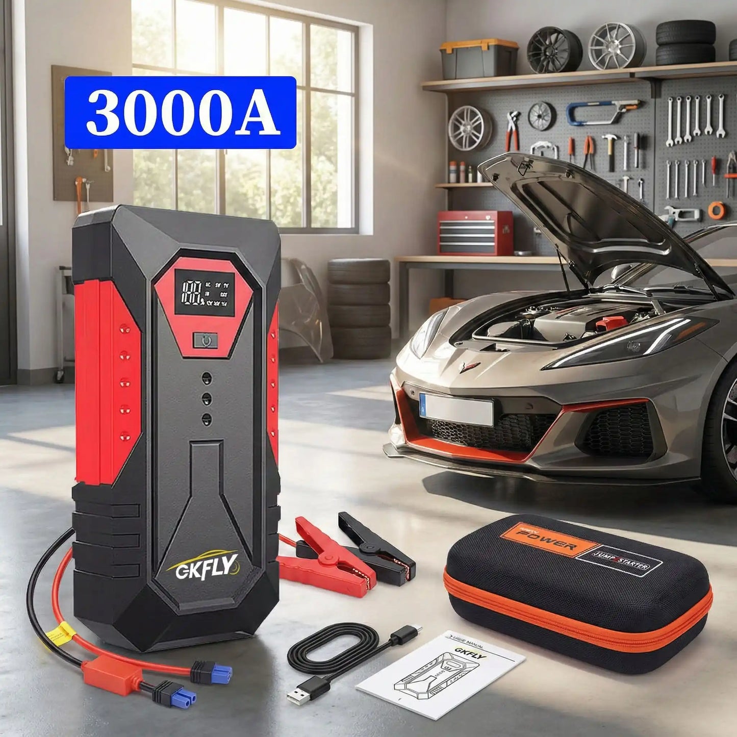 Booster batterie voiture portable 3000A-4000A rouge démarreur essence diesel USB