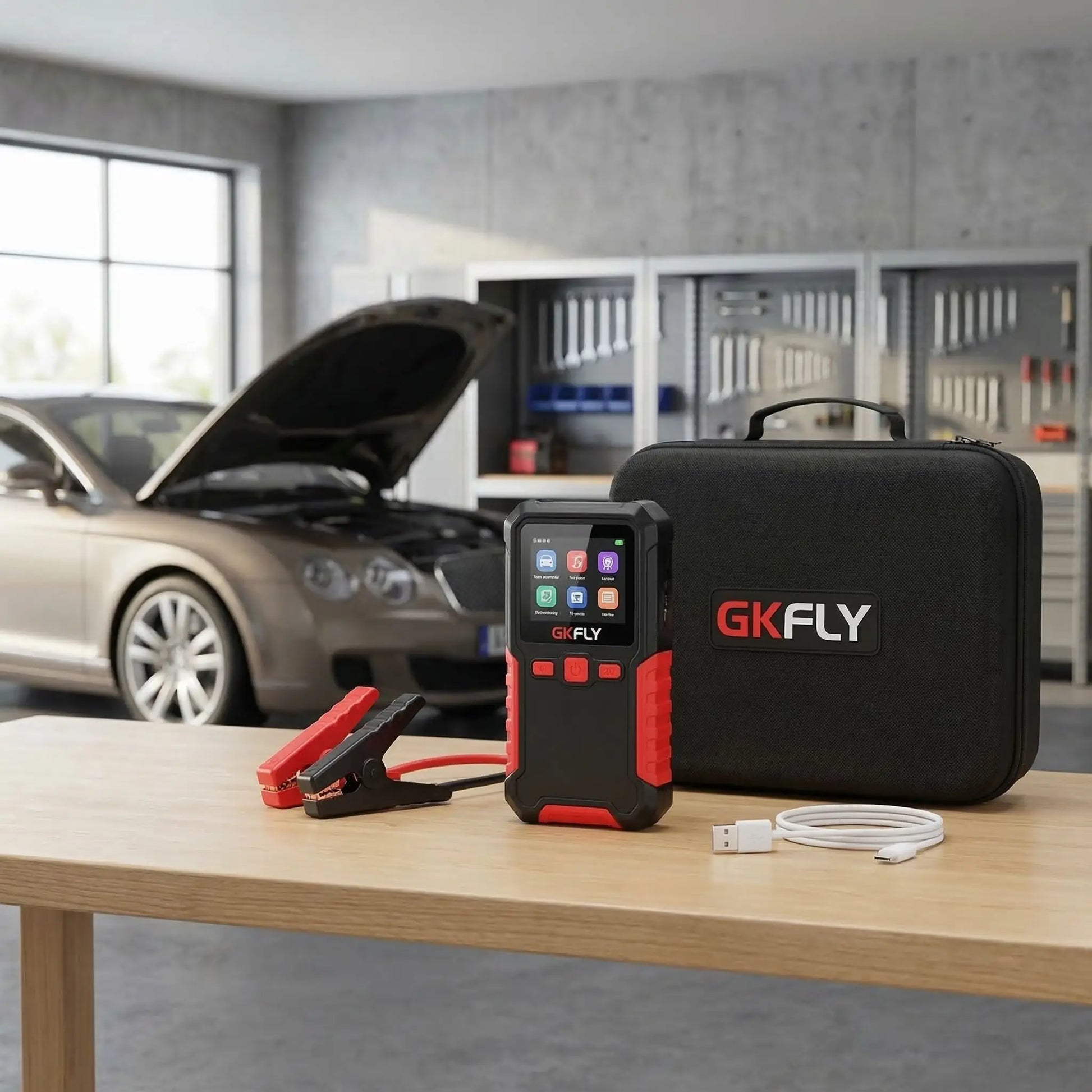Booster batterie voiture 3000A PowerStart contenu du coffret démarreur portable 12V avec câbles pinces et accessoires