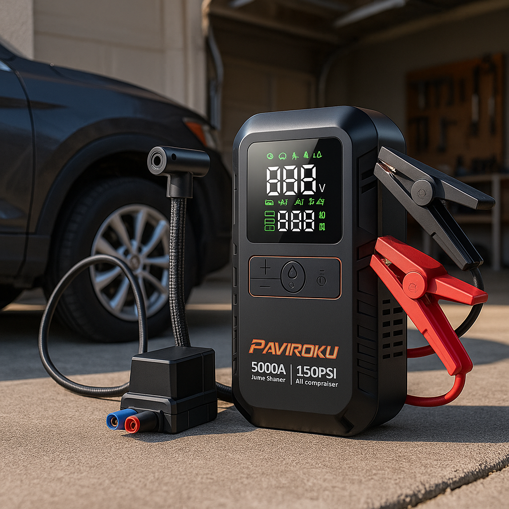 Booster batterie voiture 4-en-1 vue de face avec écran LCD et indicateur de charge