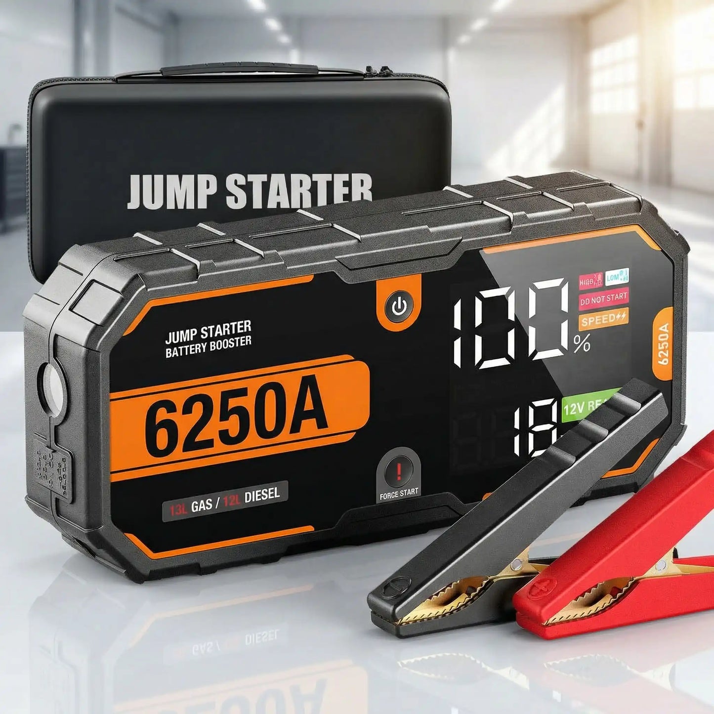 Booster batterie voiture 6250A 30000mAh démarreur secours 12V avec pinces de démarrage, coloris orange