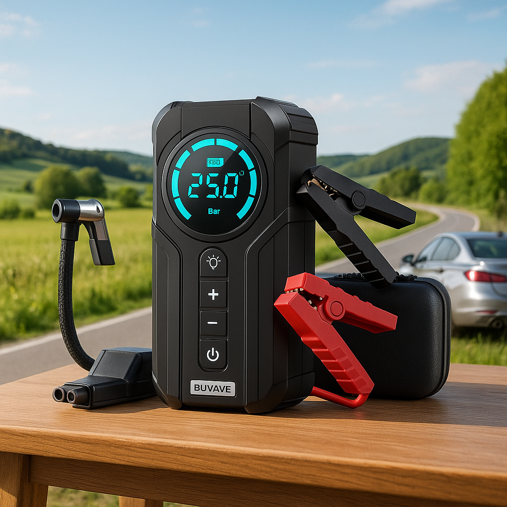 Booster batterie voiture UltraStart 10000mAh vue de face avec indicateur de charge et ports USB
