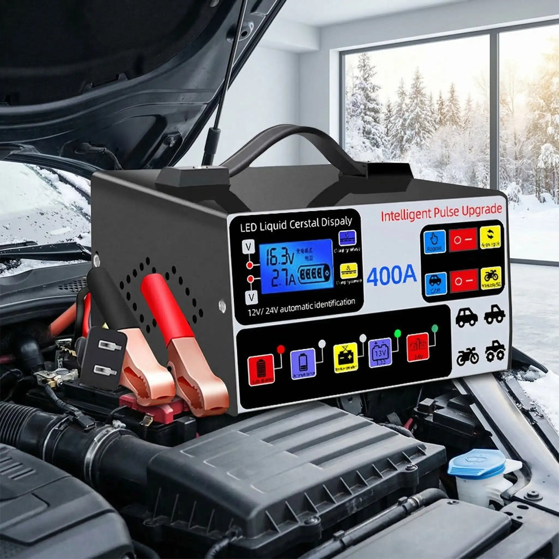 Écran LCD du chargeur batterie 400A 12V/24V diagnostic état de santé et charge adaptative en temps réel
