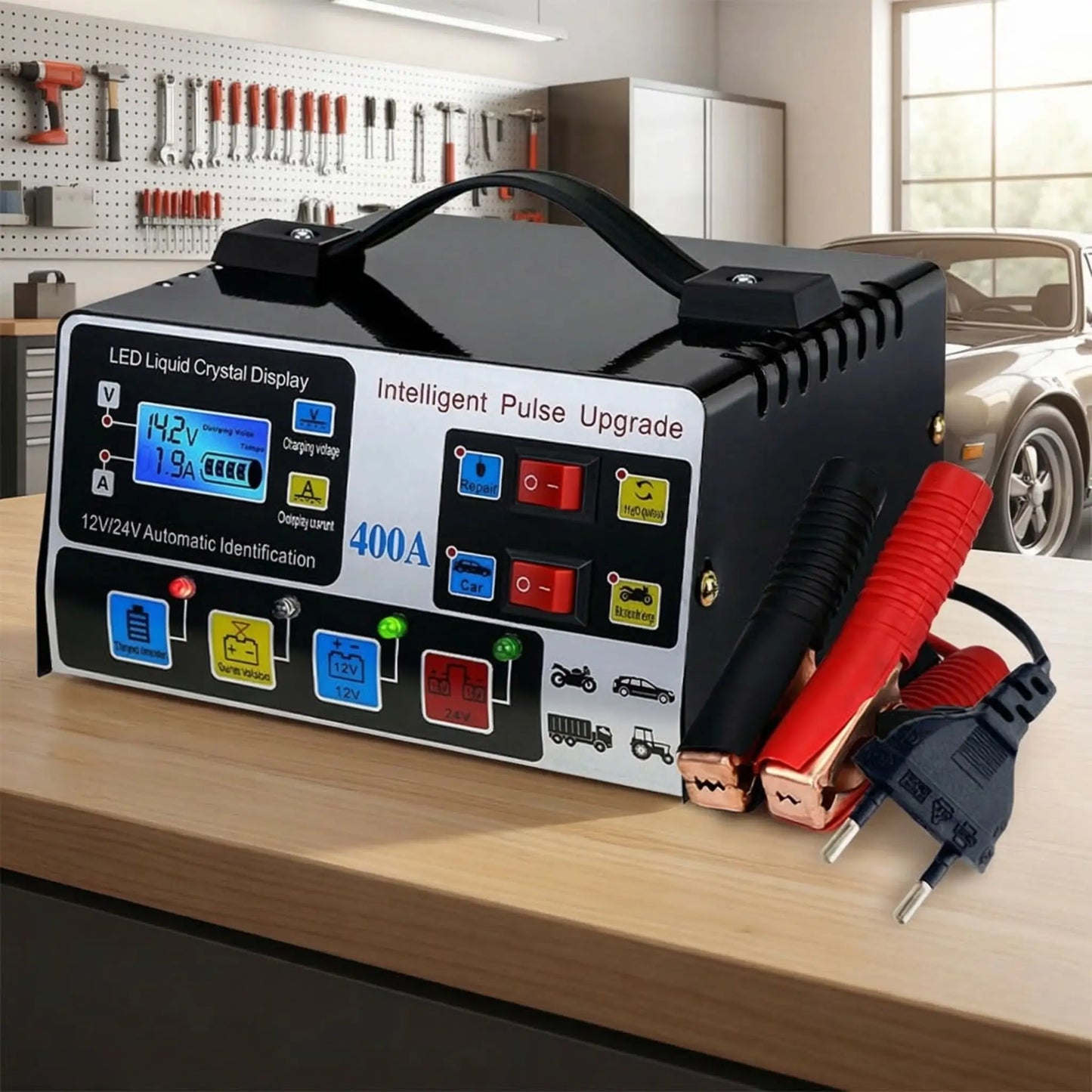 Chargeur batterie voiture 400A 12V/24V protection court-circuit, surcharge et inversion de polarité
