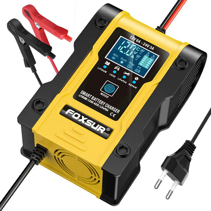 Chargeur de batterie intelligent EnergyBoost 12V 24V 6A avec câbles et pinces d'alimentation pour charge voiture et camion