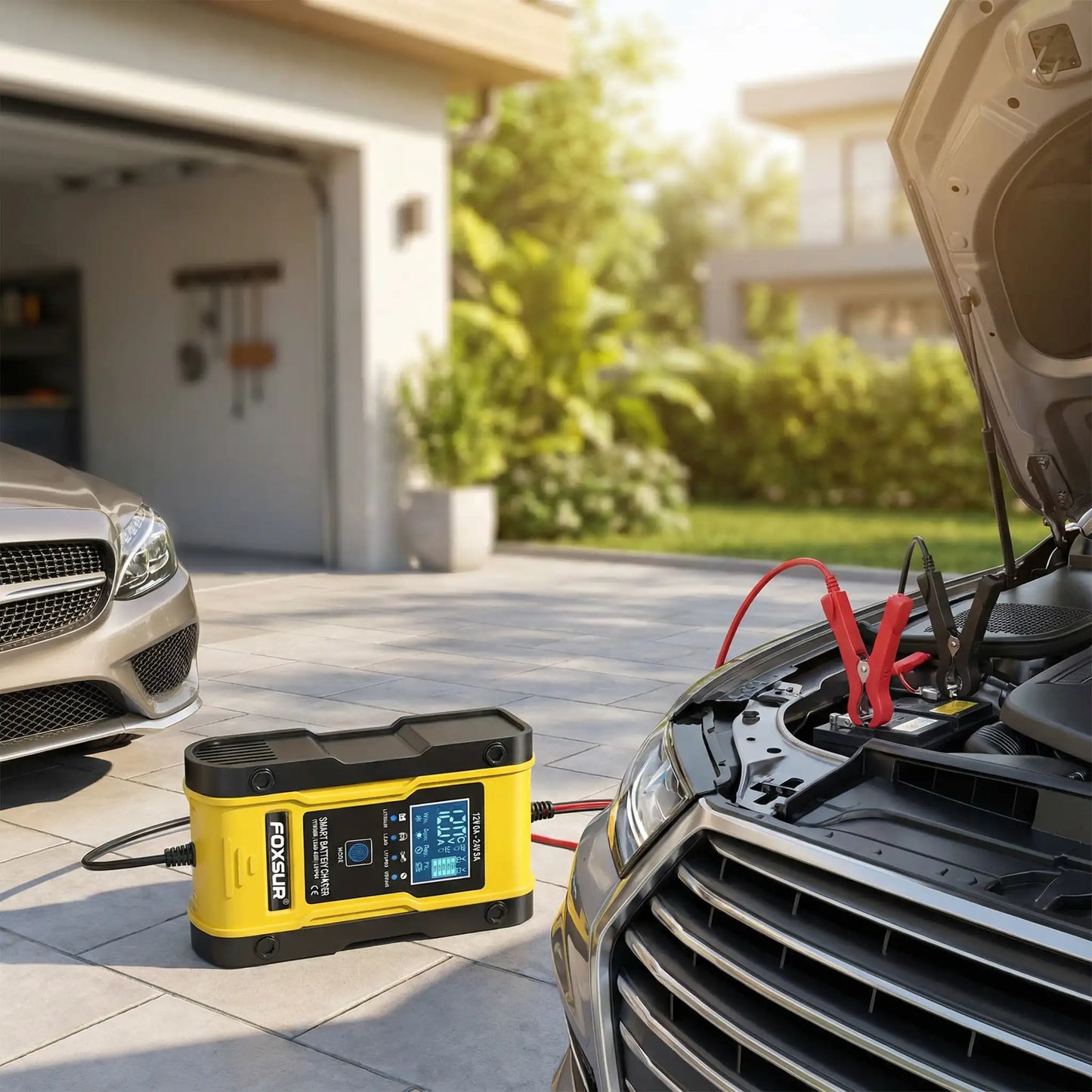 Chargeur de batterie intelligent EnergyBoost 12V 24V 6A en cours d'utilisation sur véhicule charge automatique voiture et camion