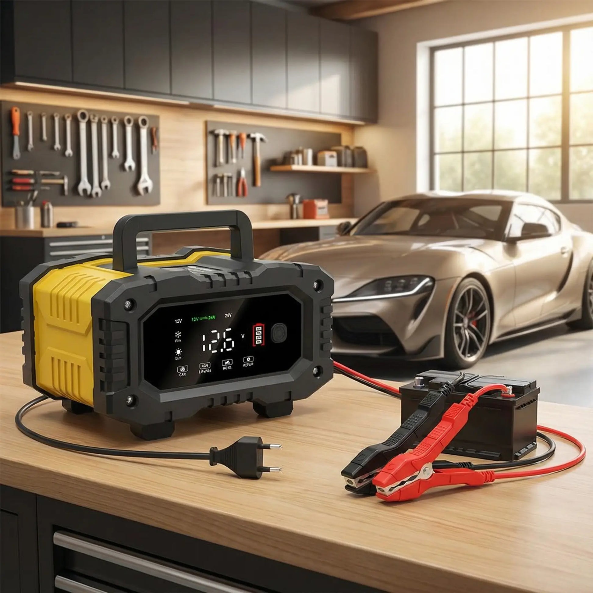 Chargeur batterie FOXSUR 20A 12V/24V avec pinces et câbles solution anti-panne AGM GEL