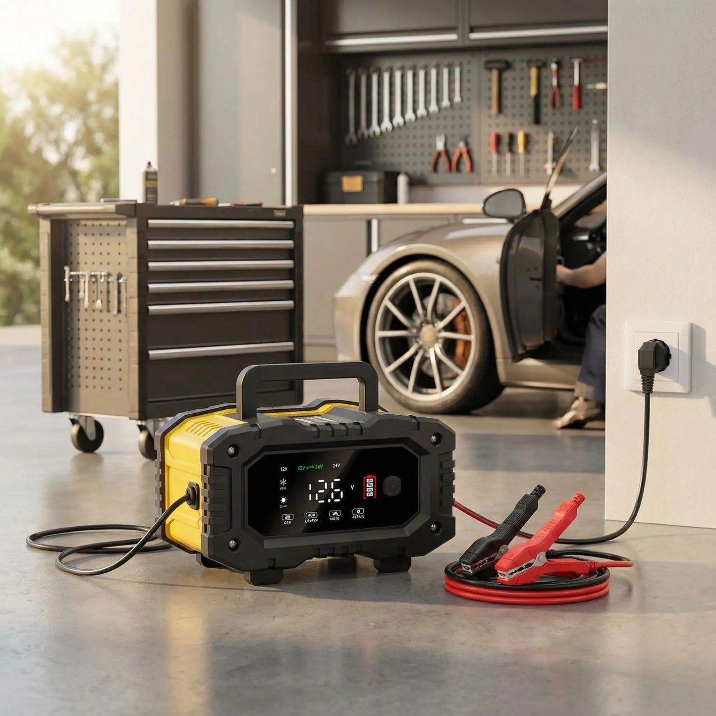 Chargeur batterie FOXSUR 20A avec pinces et prise secteur 12V/24V AGM GEL LiFePO4