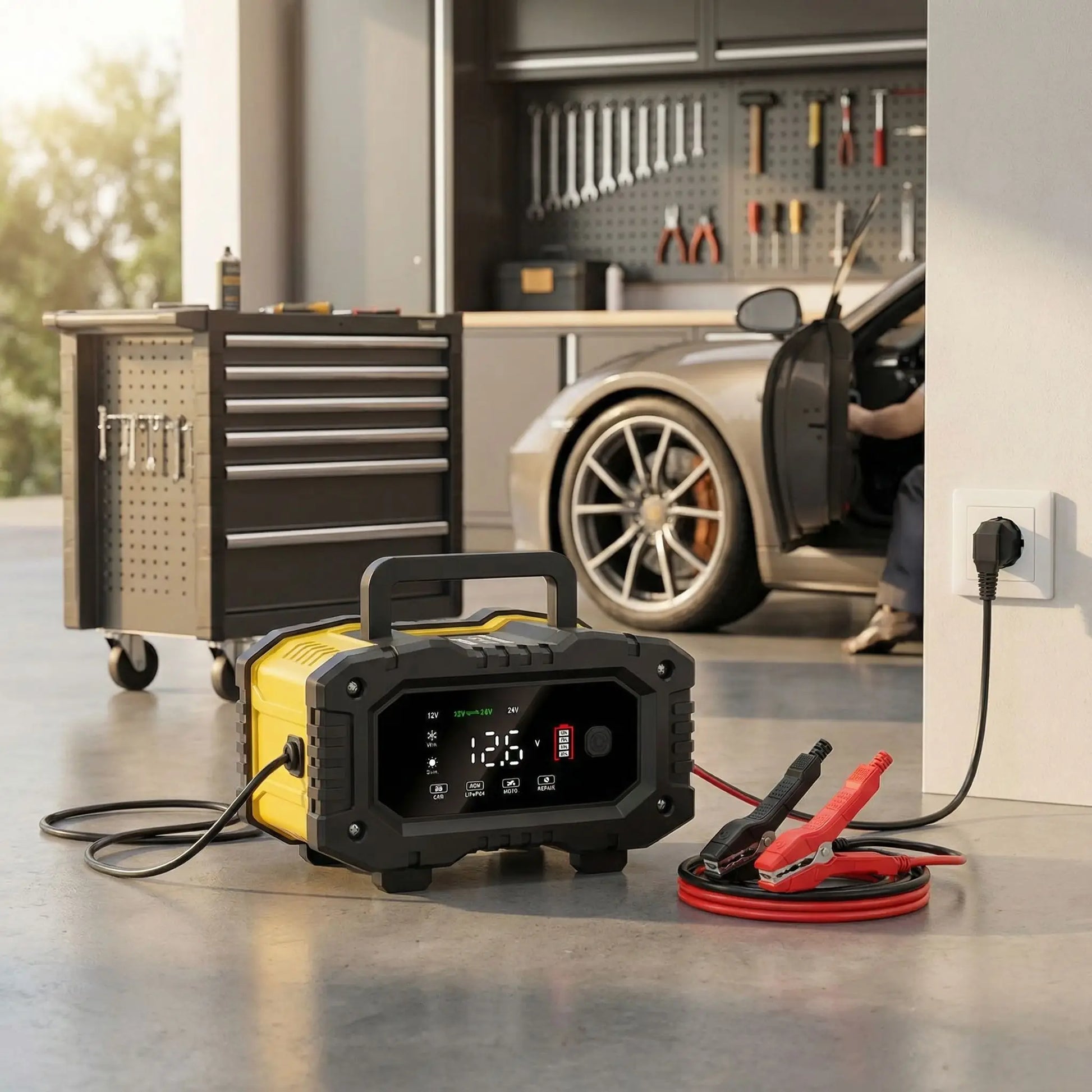 Chargeur batterie FOXSUR 20A avec pinces et prise secteur 12V/24V AGM GEL LiFePO4