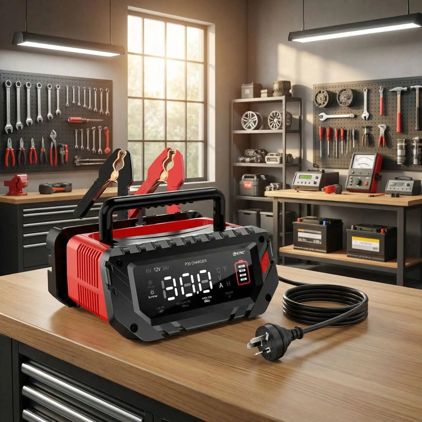 Chargeur de batterie HTRC P30 30A avec câbles et pinces de connexion pour voiture et moto
