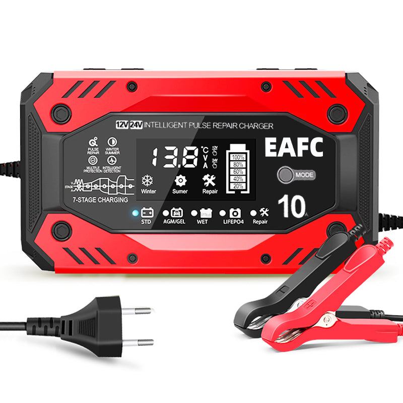 Chargeur de batterie intelligent EAFC rouge 10A 12V/24V pour voiture et moto
