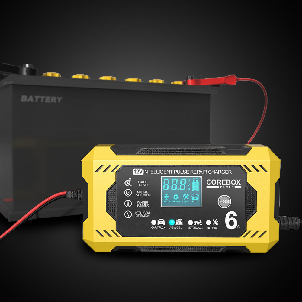 Chargeur batterie voiture intelligent 12V 6A jaune protection automatique AGM GEL