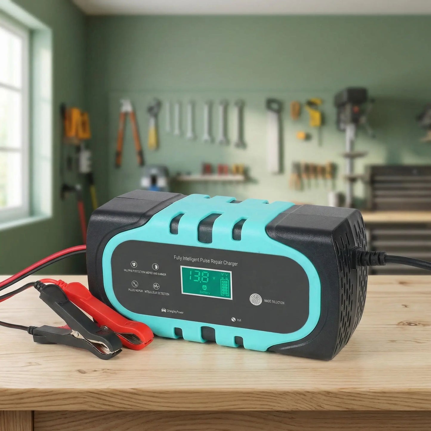 Chargeur batterie voiture 12V 10A 140W pinces crocodile pour connexion rapide sur bornes de batterie
