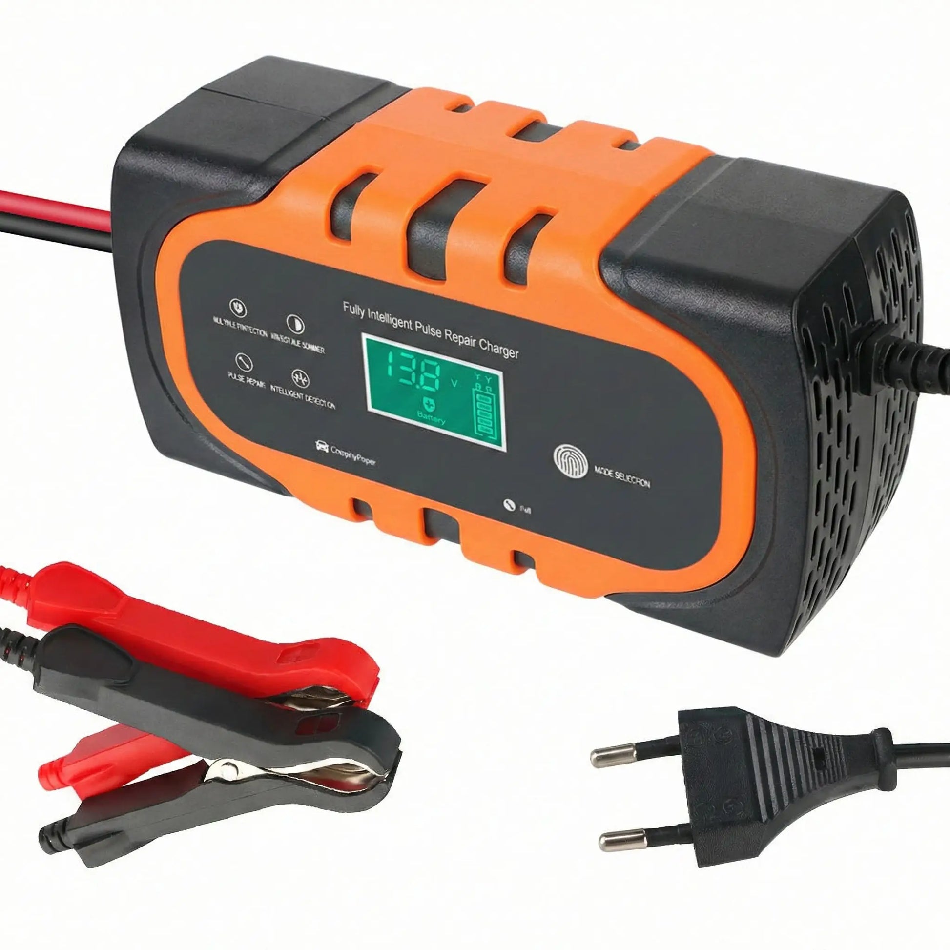 Chargeur batterie voiture 12V 6A 140W orange câbles et pinces de connexion pour auto et moto
