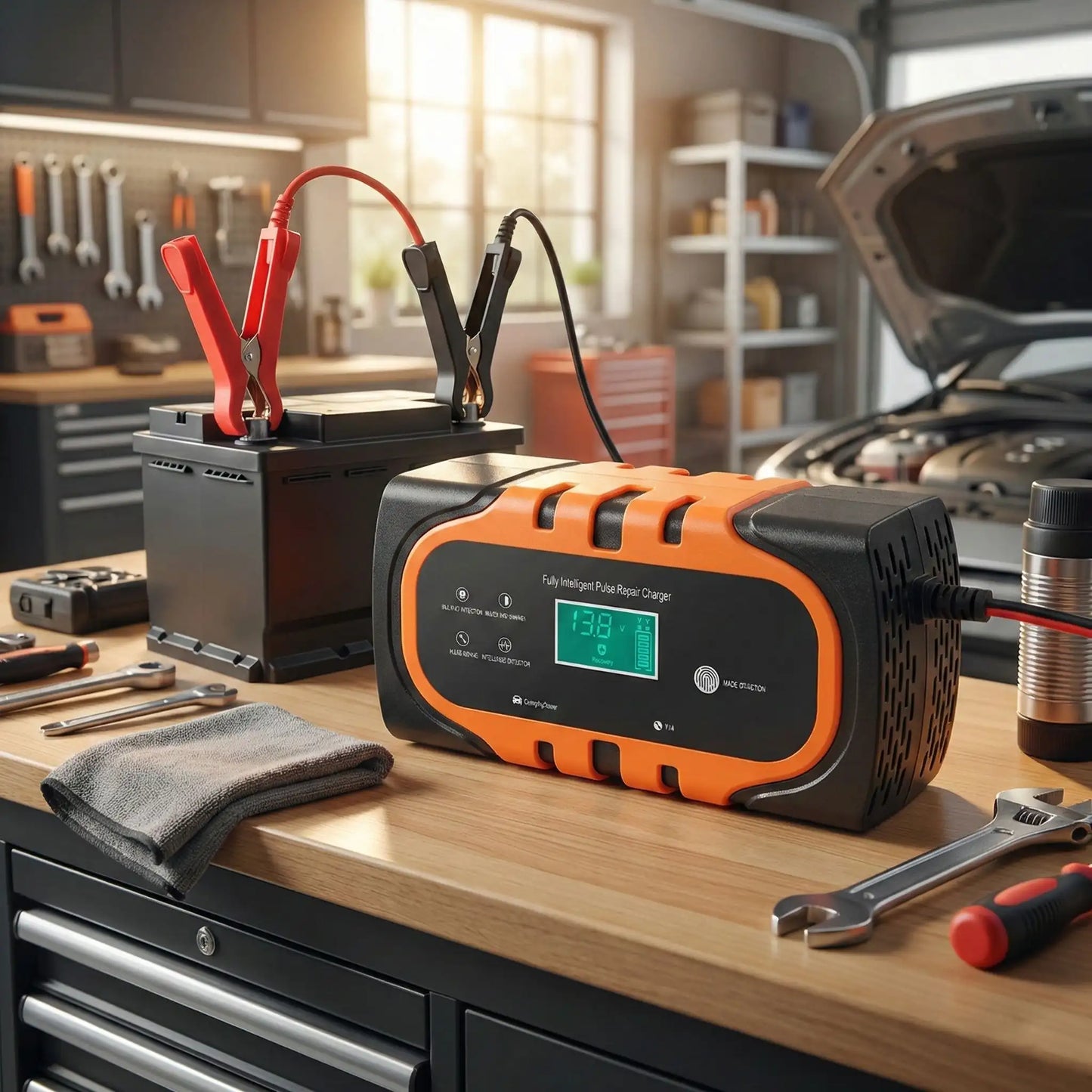 Chargeur batterie voiture 12V 6A 140W orange impulsion intelligente avec écran LCD et désulfatation
