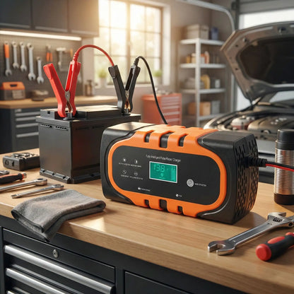 Chargeur batterie voiture 12V 6A 140W orange impulsion intelligente avec écran LCD et désulfatation
