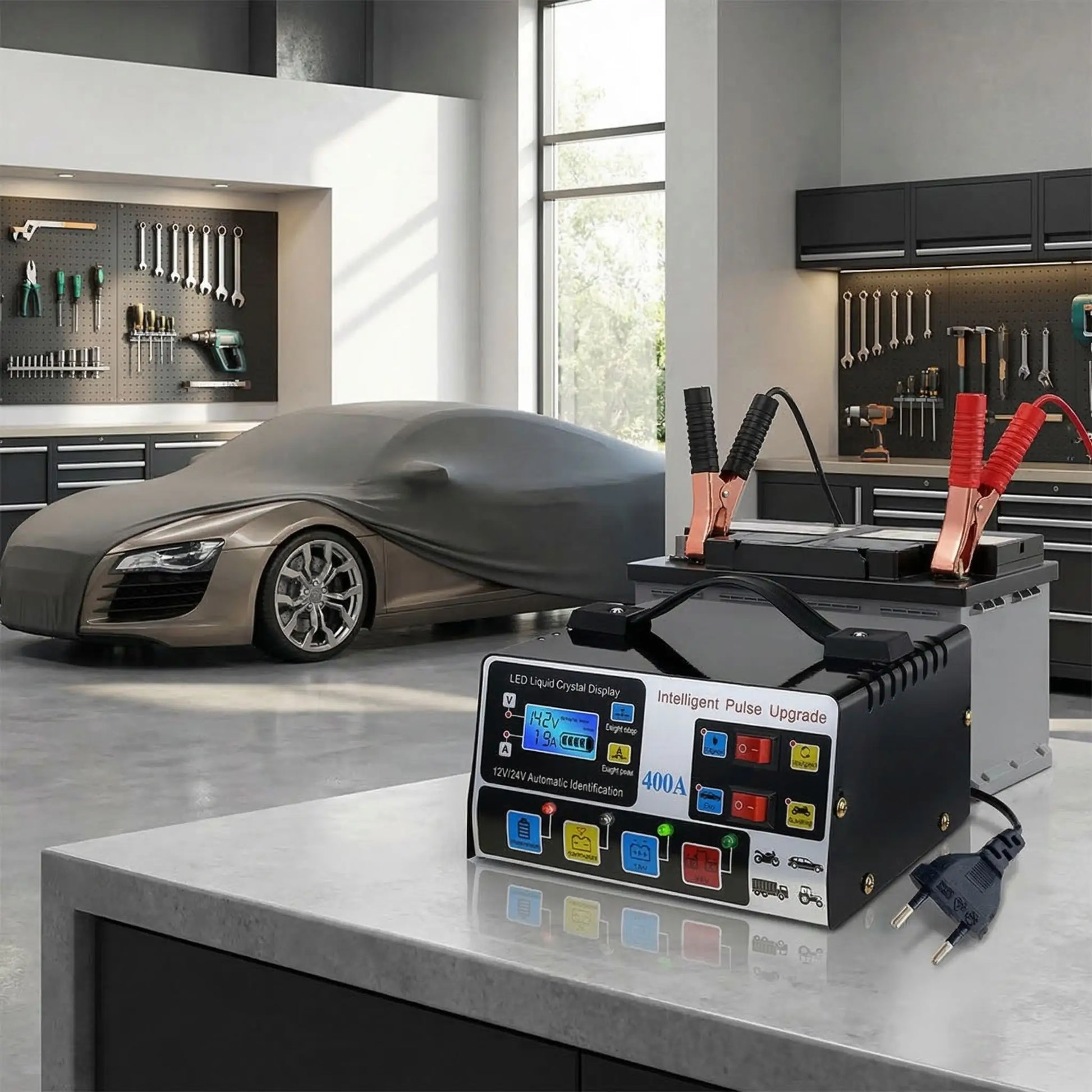 Chargeur de batterie voiture 400A 12V/24V Pulse Repair avec écran LCD et arrêt automatique

