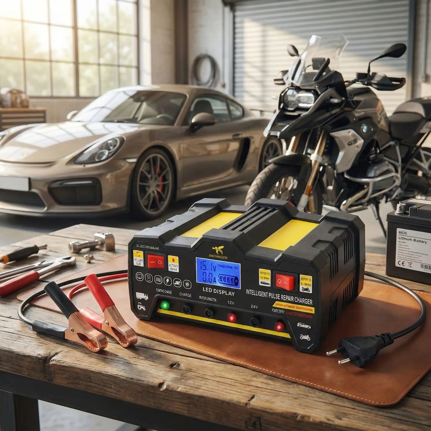 Chargeur de batterie voiture 600W interface de contrôle et connecteurs pinces crocodile 12V 24V