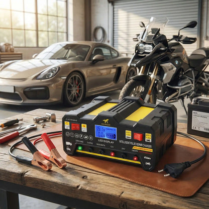 Chargeur de batterie voiture 600W interface de contrôle et connecteurs pinces crocodile 12V 24V