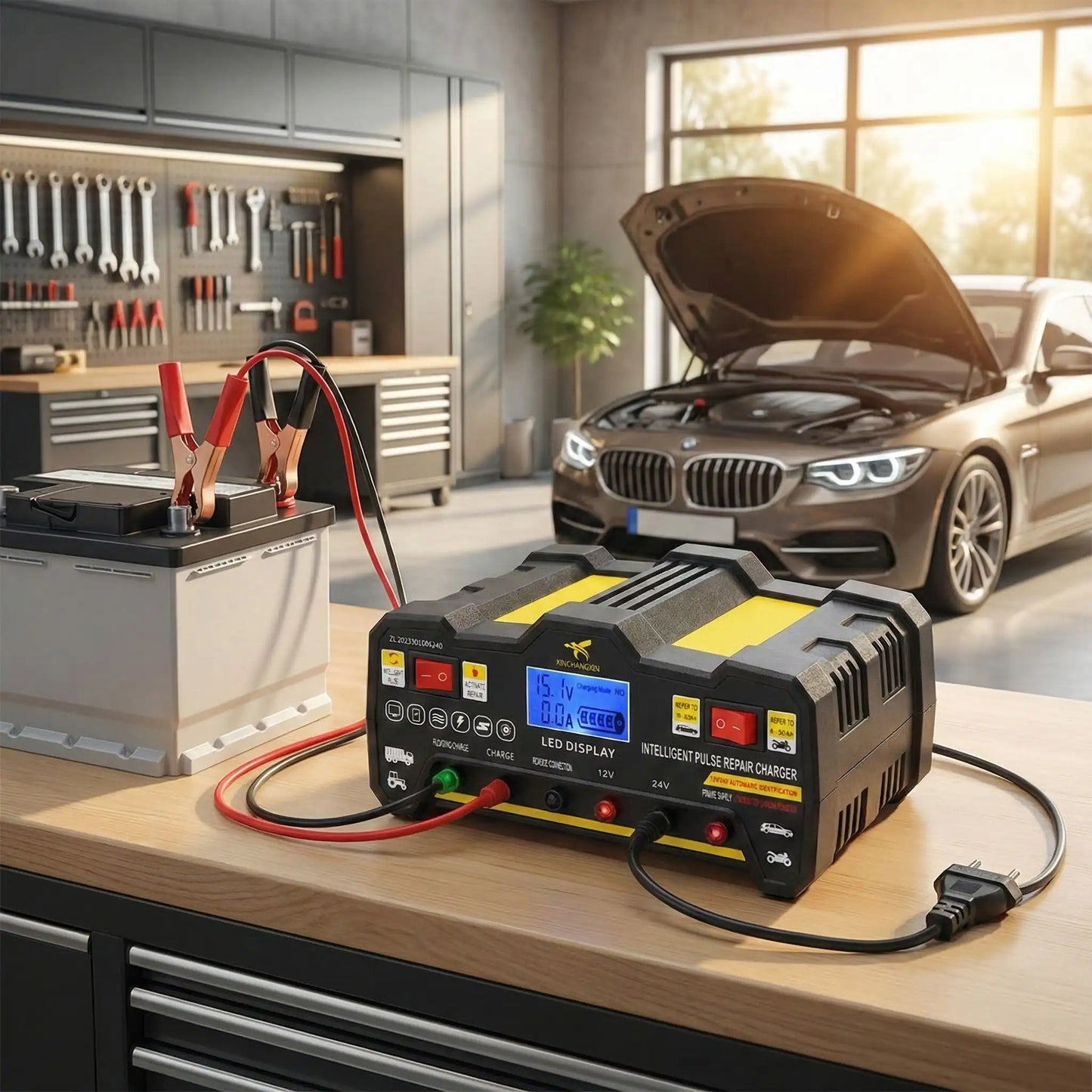 Chargeur de batterie voiture intelligent 600W vue d'ensemble boîtier compact et câbles 12V 24V