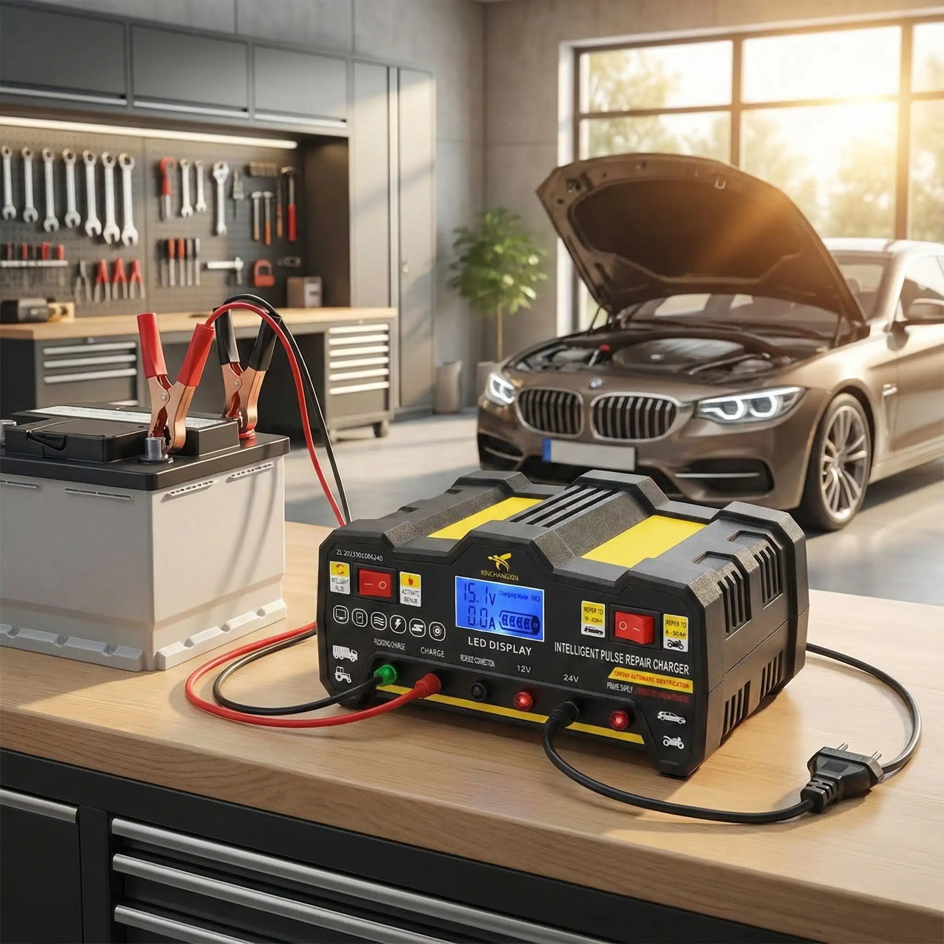 Chargeur de batterie voiture intelligent 600W vue d'ensemble boîtier compact et câbles 12V 24V