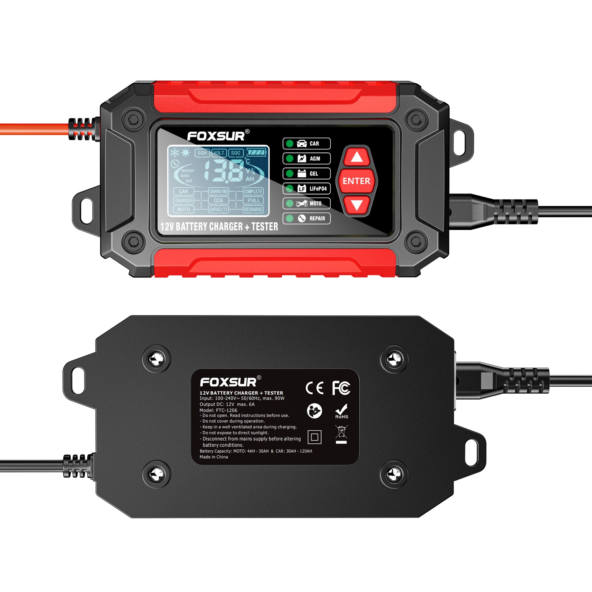 Chargeur testeur batterie voiture 2-en-1 600W vue face avant et arrière design compact 12V/24V
