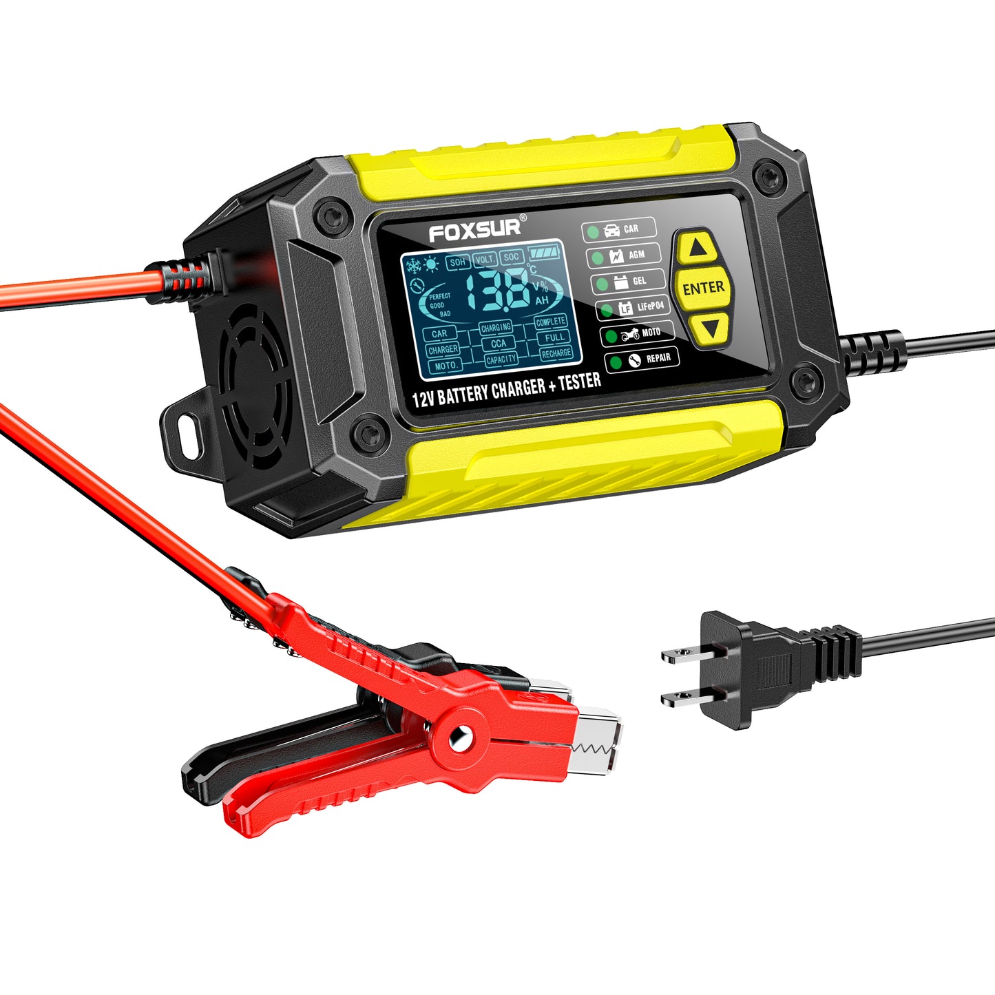 Chargeur testeur batterie 2-en-1 600W jaune avec câbles et pinces de connexion 12V/24V auto et moto
