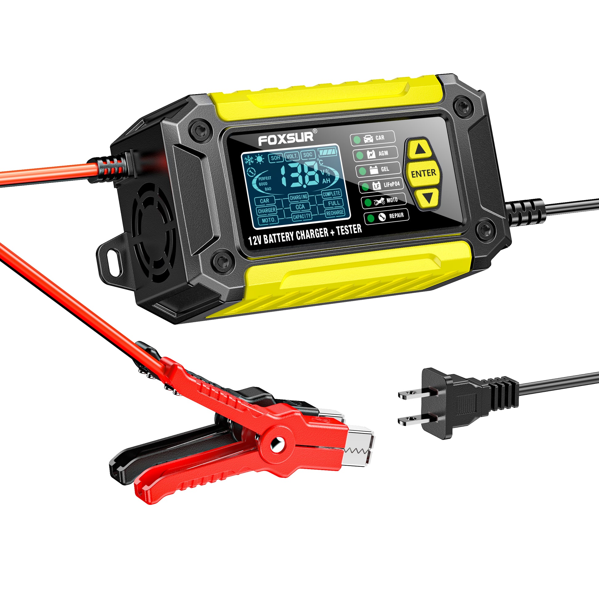 Chargeur testeur batterie 2-en-1 600W jaune avec câbles et pinces de connexion 12V/24V auto et moto
