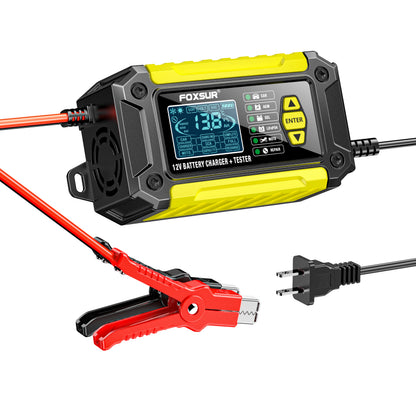 Chargeur testeur batterie 2-en-1 600W jaune avec câbles et pinces de connexion 12V/24V auto et moto
