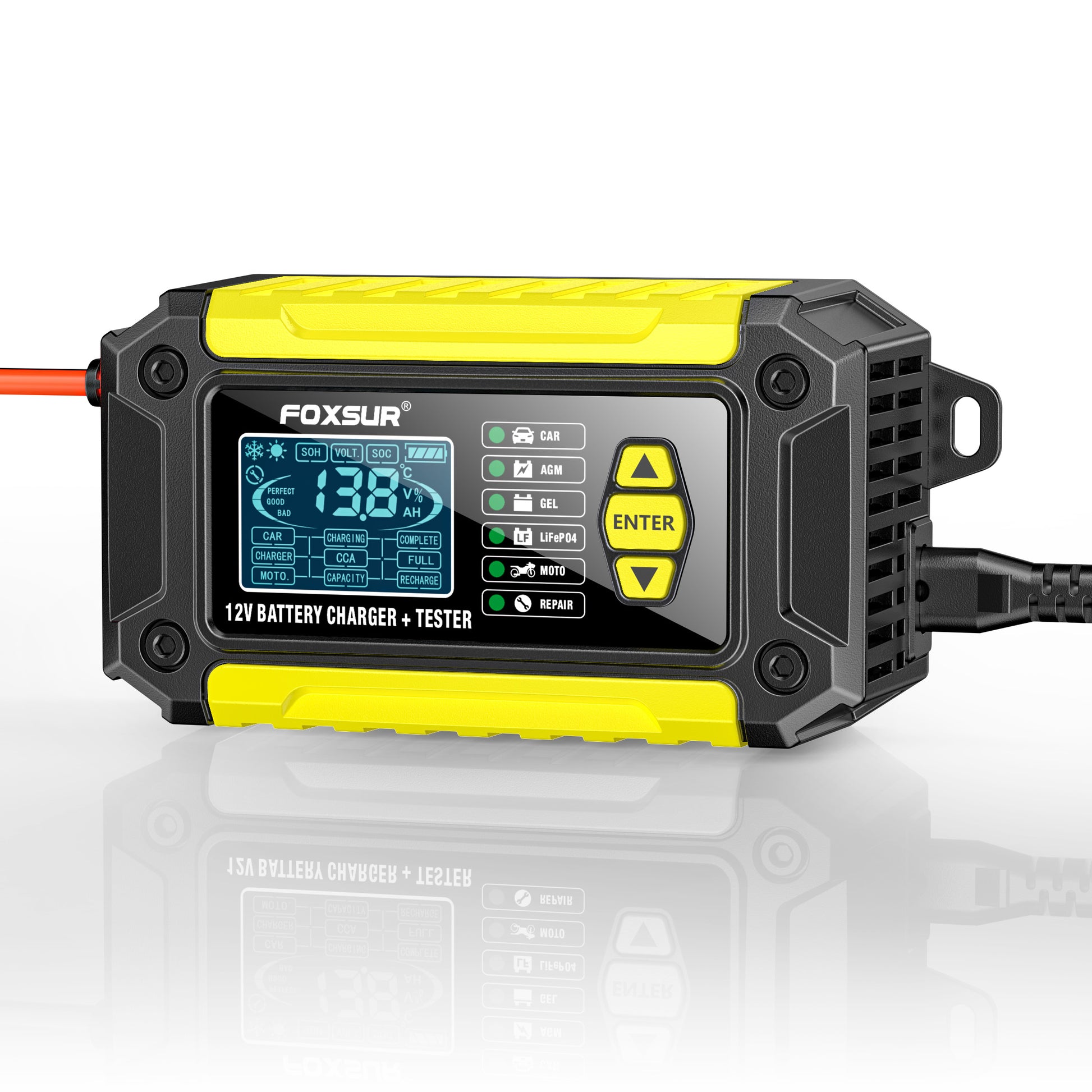 Chargeur testeur batterie 2-en-1 600W jaune et noir diagnostic SOH/SOC et charge intelligente 12V/24V
