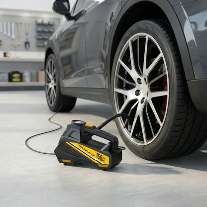 Compresseur portatif SpeedAir 12V en utilisation gonflage pneu voiture rapide et silencieux

