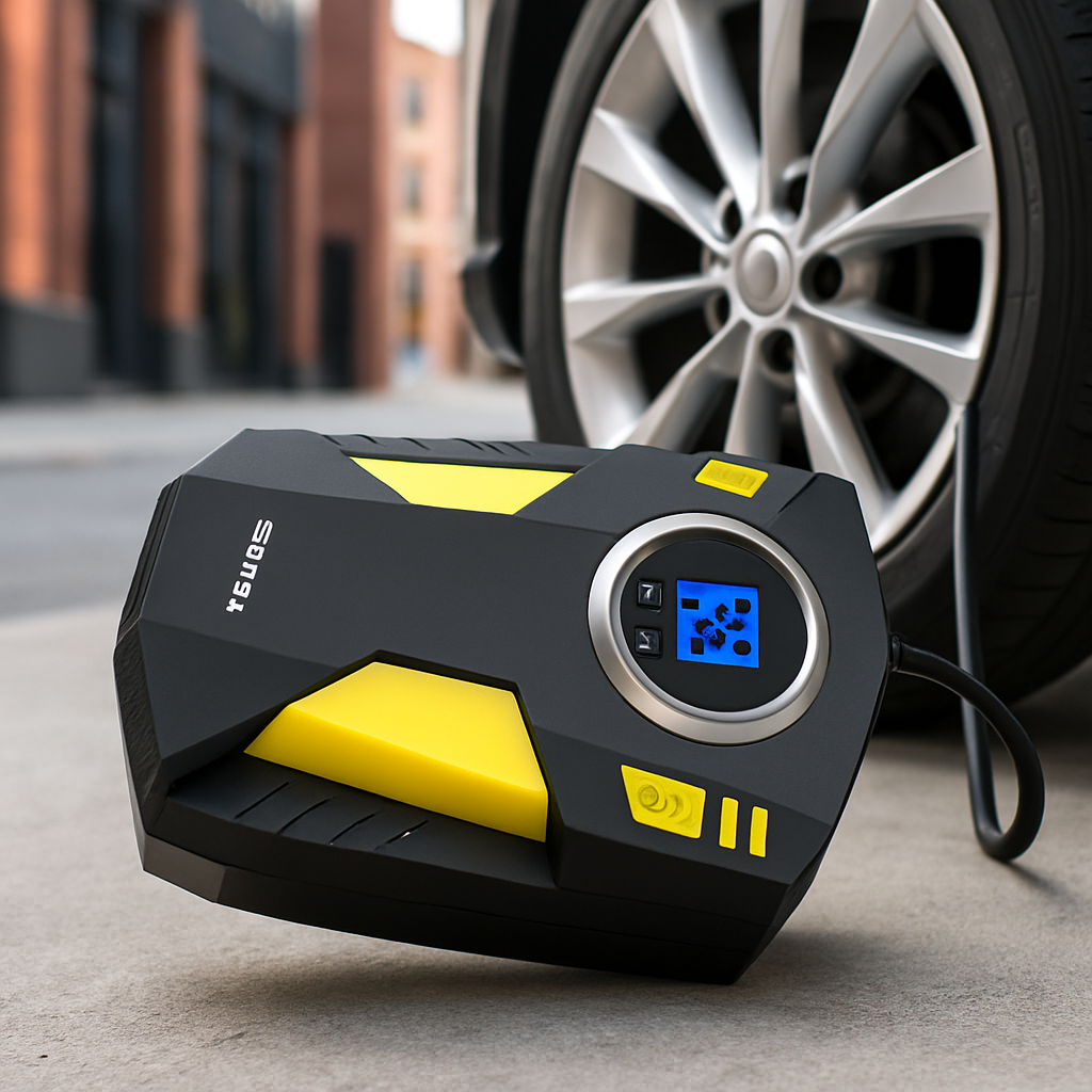 Compresseur portatif voiture RapidAir 12V 150PSI en action gonflage pneu voiture avec arrêt automatique