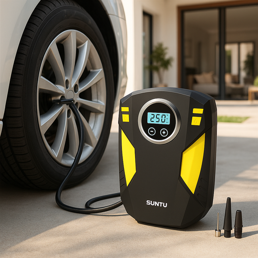 Compresseur portatif voiture RapidAir 12V 150PSI design noir et jaune avec écran LCD et arrêt automatique