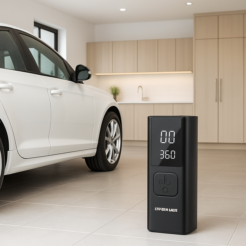 Compresseur portatif voiture UltraPSI 12V en action gonflage pneu voiture sur route