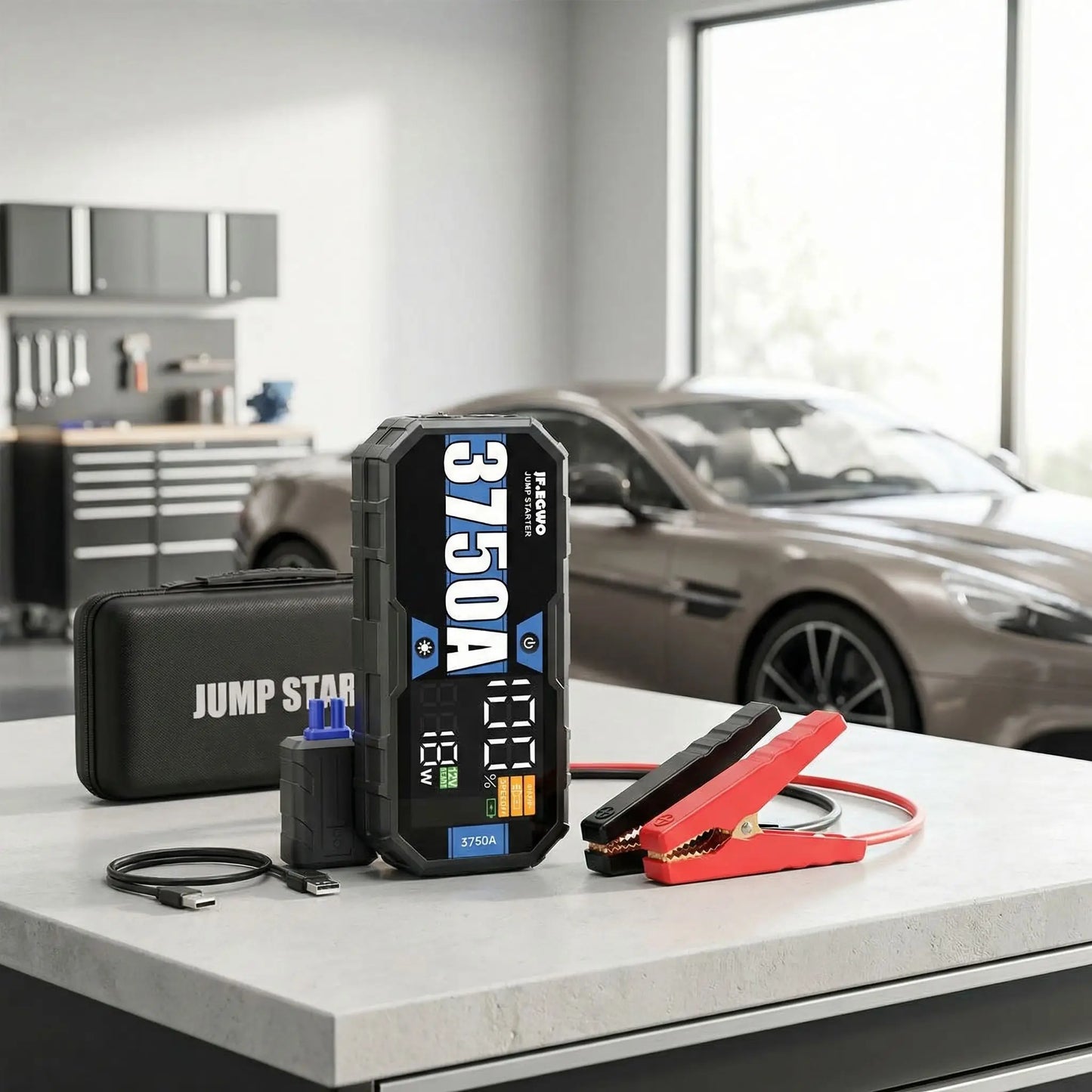 Démarreur secours voiture 12V 6250A coloris bleu  booster batterie 30000mAh avec pinces de démarrage
