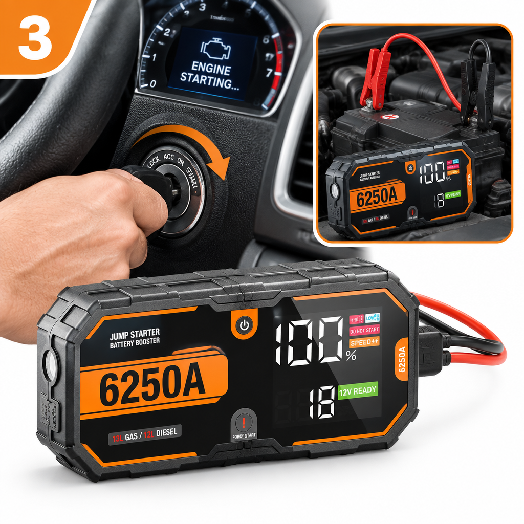 Étape 3 : démarrer le moteur du véhicule pendant que le Booster de Batterie Voiture 6250A reste connecté à la batterie