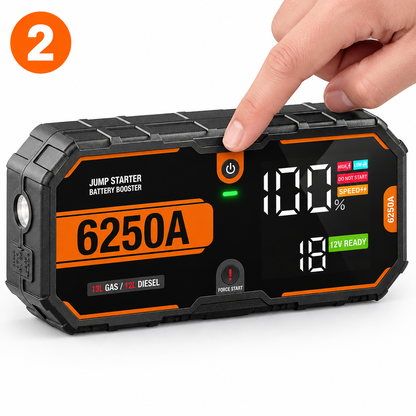 Étape 2 : allumer le Booster de Batterie Voiture 6250A et vérifier le voyant lumineux indiquant qu'il est prêt à démarrer le moteur