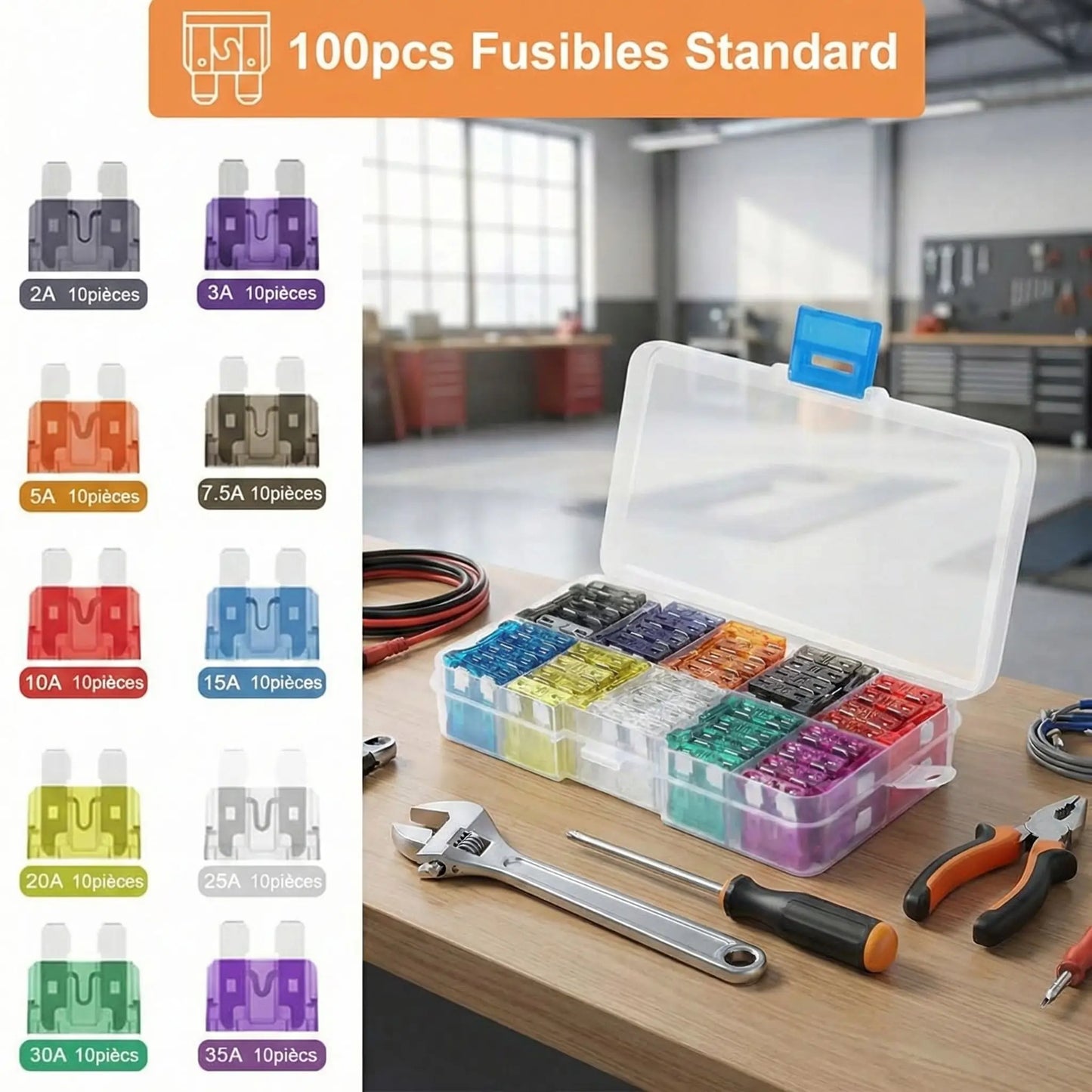 Kit fusibles lame voiture 100 pièces fusibles multicolores codés par ampérage 2A à 35A pour automobile