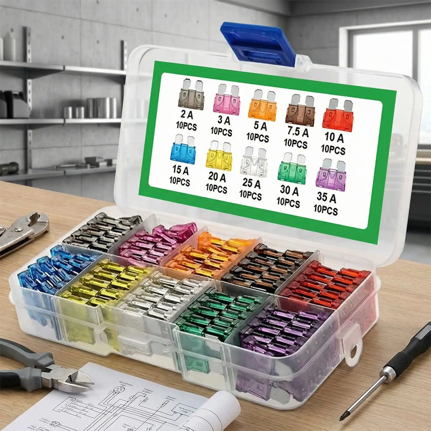 Kit fusibles voiture 100 pièces Pro-Secure assortiment 10 ampérages 2A à 35A avec boîtier de rangement