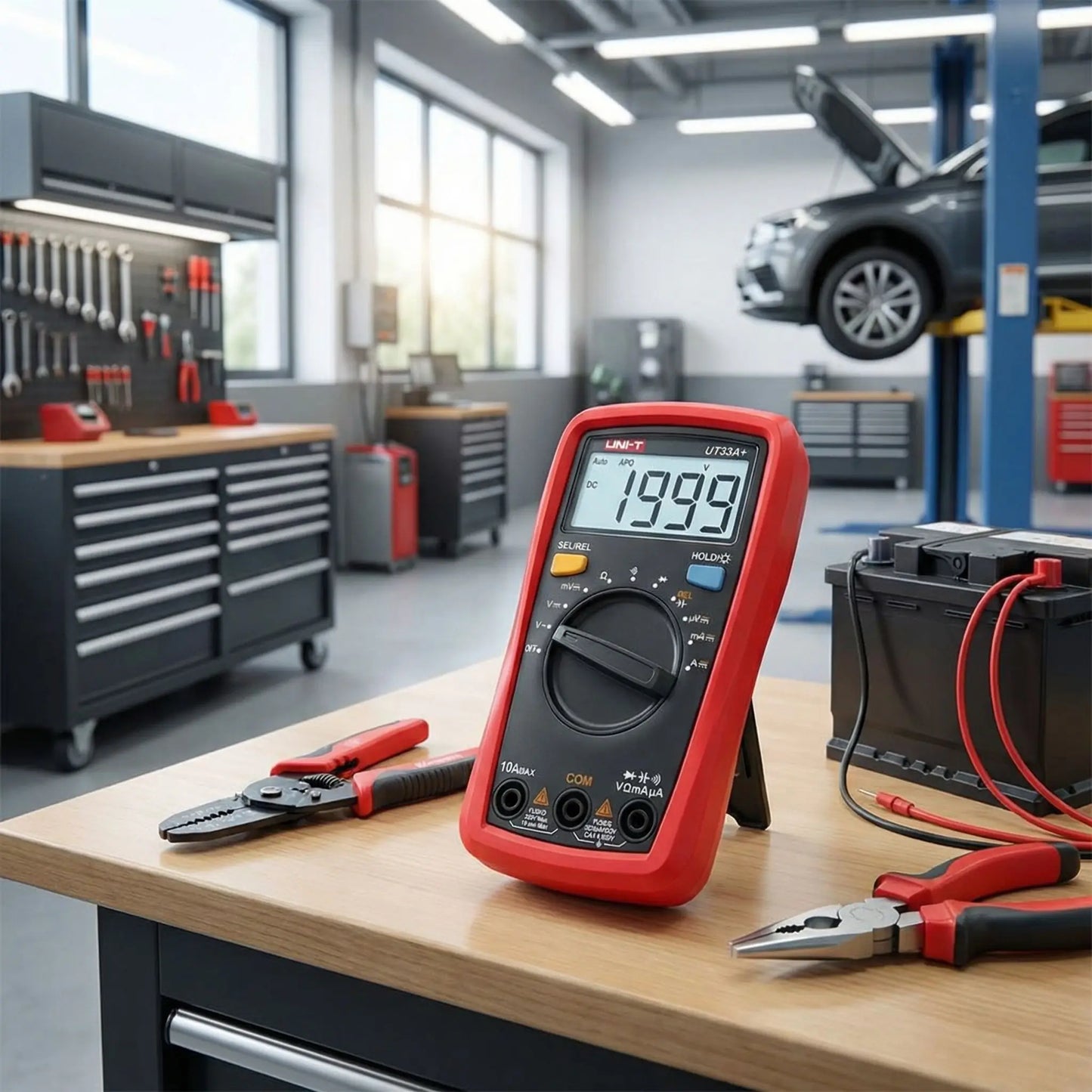 Multimètre auto professionnel UNI-T UT33 spécifications techniques mesure AC DC résistance diode continuité diagnostic voiture