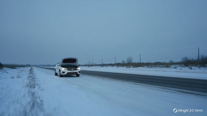 Vidéo d'un chargeur de batterie intelligent 12V 8A rouge connecté à une voiture par temps hivernal, écran LCD affichant la réparation par impulsions, moteur qui redémarre.